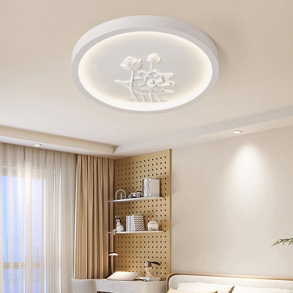 Traditional Chinese Resin Iron Acrylic Round Engraved Lotus Flower LED Flush Mount Ceiling Light For Bedroom
