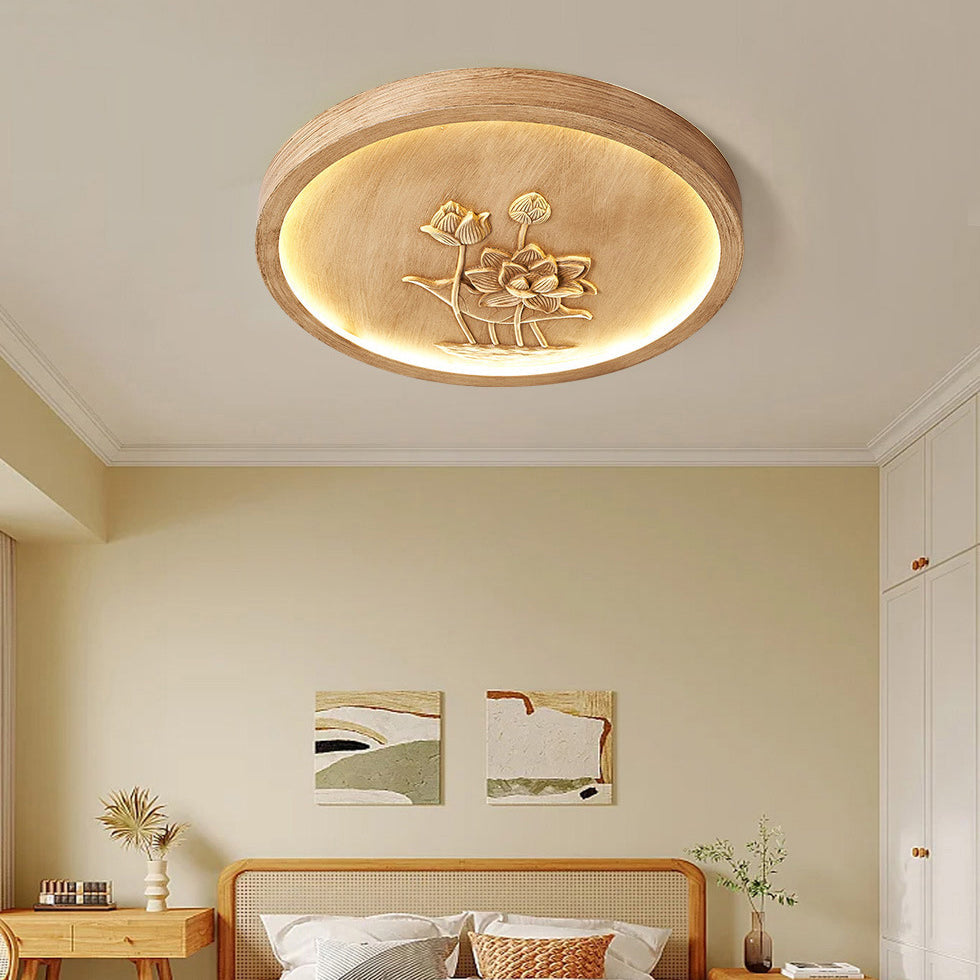 Traditional Chinese Resin Iron Acrylic Round Engraved Lotus Flower LED Flush Mount Ceiling Light For Bedroom