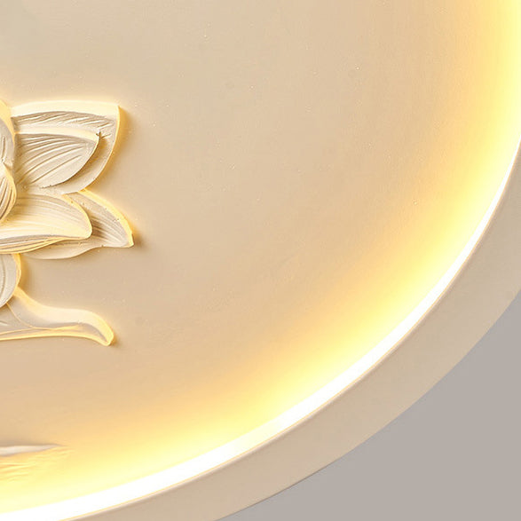 Traditional Chinese Resin Iron Acrylic Round Engraved Lotus Flower LED Flush Mount Ceiling Light For Bedroom