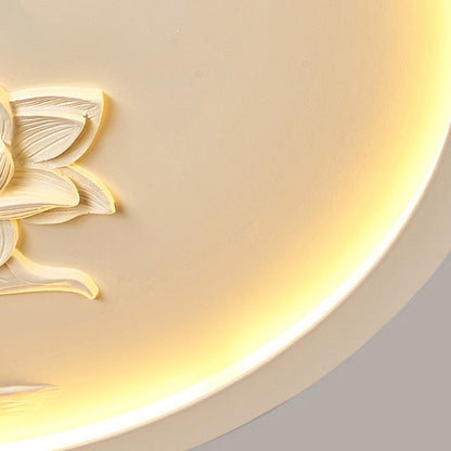 Traditional Chinese Resin Iron Acrylic Round Engraved Lotus Flower LED Flush Mount Ceiling Light For Bedroom