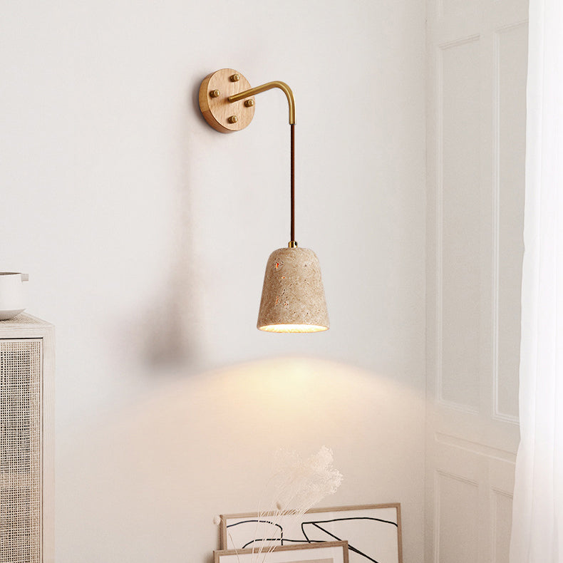 Traditional Japanese Travertine Wood Cylinder Conic Bowl Pull Switch 1-Light Wall Sconce Lamp For Bedside