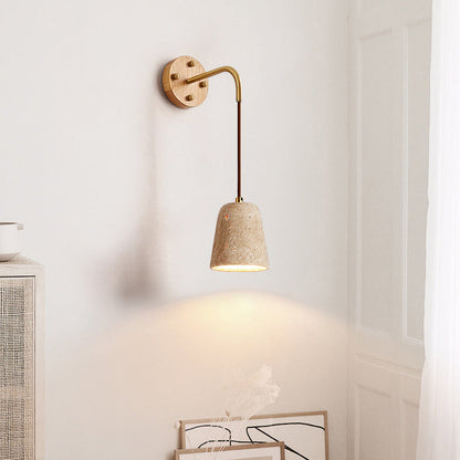 Traditional Japanese Travertine Wood Cylinder Conic Bowl Pull Switch 1-Light Wall Sconce Lamp For Bedside