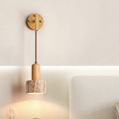 Traditional Japanese Travertine Wood Cylinder Conic Bowl Pull Switch 1-Light Wall Sconce Lamp For Bedside