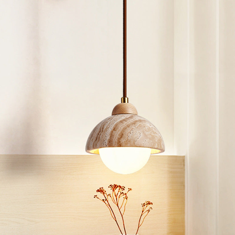 Traditional Japanese Travertine Wood Cylinder Conic Bowl Pull Switch 1-Light Wall Sconce Lamp For Bedside