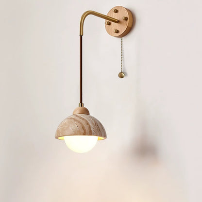 Traditional Japanese Travertine Wood Cylinder Conic Bowl Pull Switch 1-Light Wall Sconce Lamp For Bedside