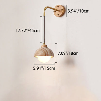 Traditional Japanese Travertine Wood Cylinder Conic Bowl Pull Switch 1-Light Wall Sconce Lamp For Bedside