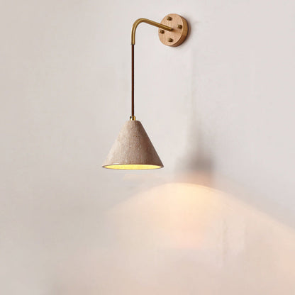 Traditional Japanese Travertine Wood Cylinder Conic Bowl Pull Switch 1-Light Wall Sconce Lamp For Bedside