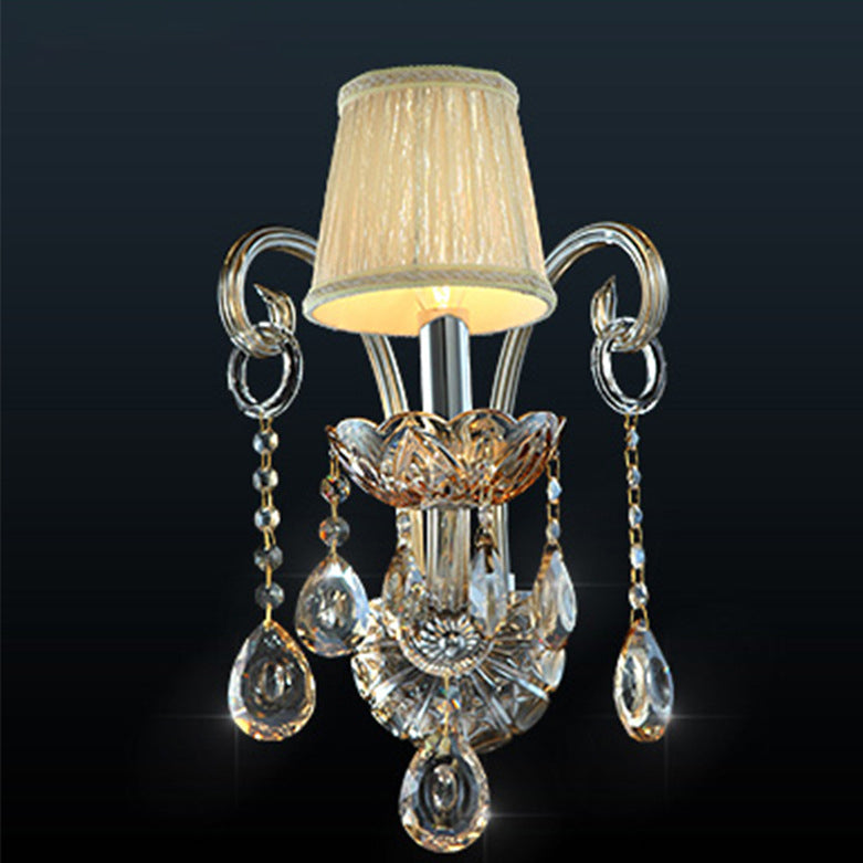 Traditional European Glass Fabric Crystal Goat's Horn Candlestick 1/2 Light Wall Sconce Lamp For Hallway