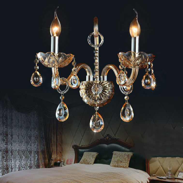 Traditional European Glass Fabric Crystal Goat's Horn Candlestick 1/2 Light Wall Sconce Lamp For Hallway