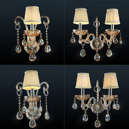 Traditional European Glass Fabric Crystal Goat's Horn Candlestick 1/2 Light Wall Sconce Lamp For Hallway