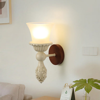 Traditional French Resin Wood Glass Candle Bell 1-Light Wall Sconce Lamp For Bedside