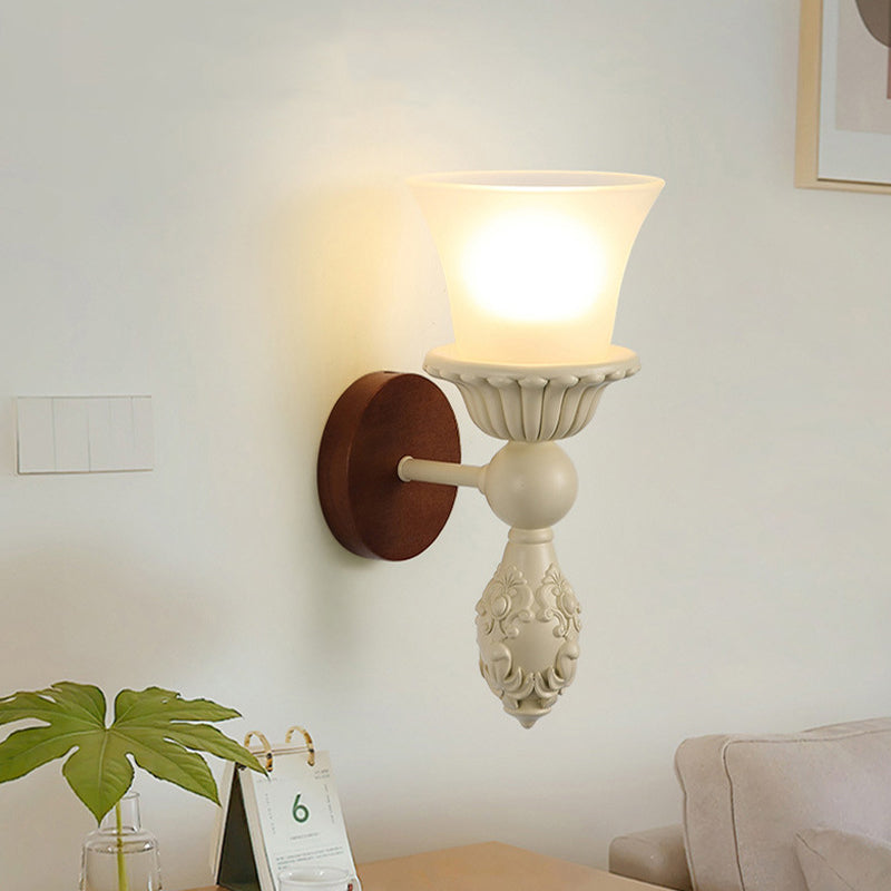 Traditional French Resin Wood Glass Candle Bell 1-Light Wall Sconce Lamp For Bedside