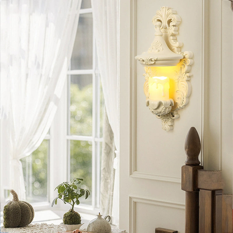 Traditional French Resin Hardware Glass Candlestick Shell Carved 1-Light Wall Sconce Lamp For Bedside