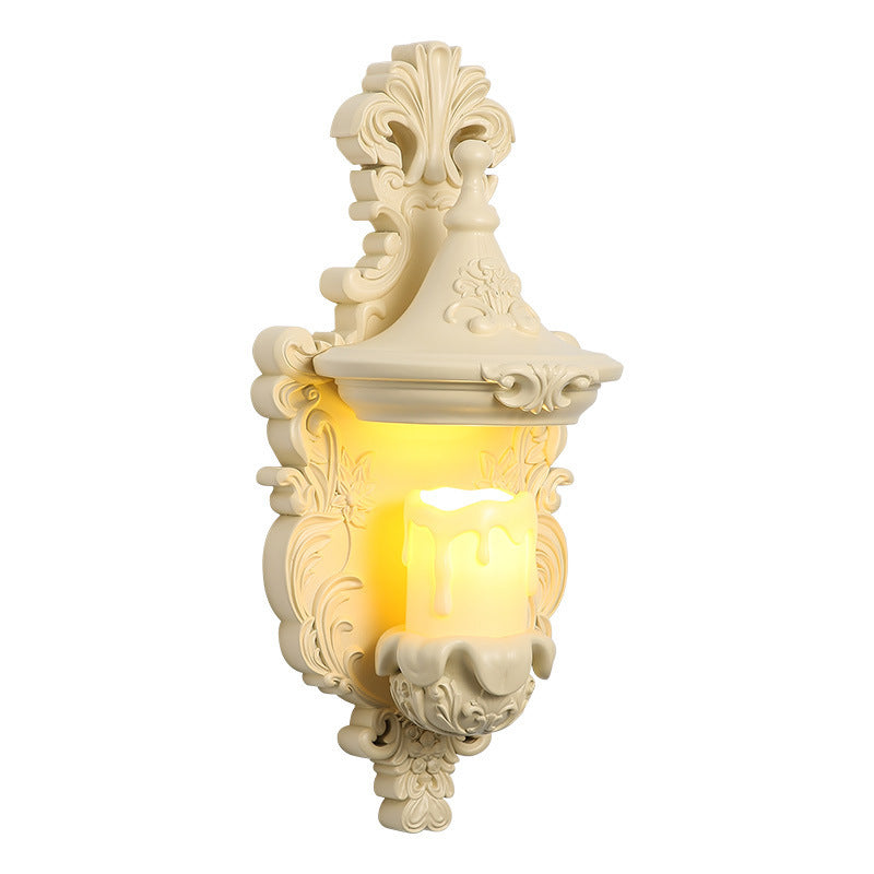 Traditional French Resin Hardware Glass Candlestick Shell Carved 1-Light Wall Sconce Lamp For Bedside