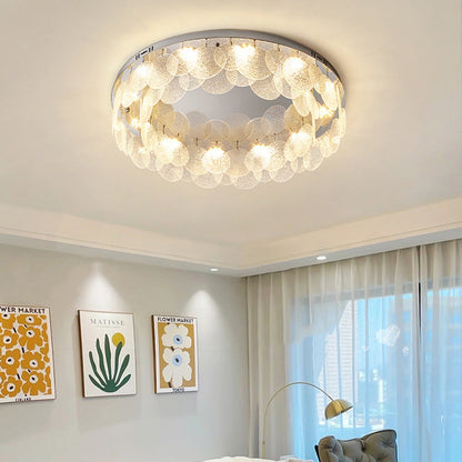 Modern Art Deco Stainless Steel Glass Round Frosted Sheet LED Flush Mount Ceiling Light For Bedroom