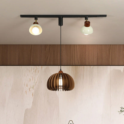 Contemporary Retro Rubber Wood Basswood Iron PVC Conic Bowl Pumpkin 3-Light Pendant Light Track Lighting For Dining Room