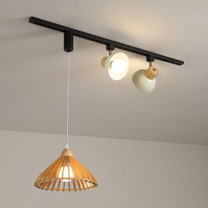 Contemporary Retro Rubber Wood Basswood Iron PVC Conic Bowl Pumpkin 3-Light Pendant Light Track Lighting For Dining Room