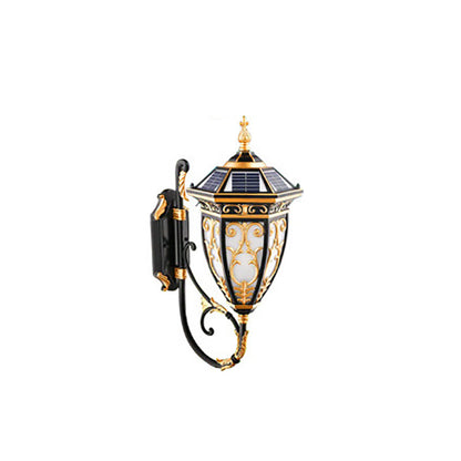 Traditional European Solar Waterproof Aluminum Glass Lantern Flower Mansion Pattern 1-Light LED Wall Sconce Lamp For Outdoor Patio