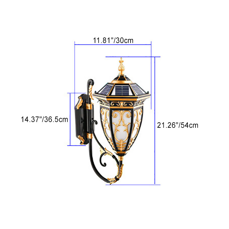 Traditional European Solar Waterproof Aluminum Glass Lantern Flower Mansion Pattern 1-Light LED Wall Sconce Lamp For Outdoor Patio