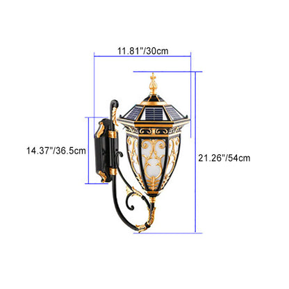Traditional European Solar Waterproof Aluminum Glass Lantern Flower Mansion Pattern 1-Light LED Wall Sconce Lamp For Outdoor Patio