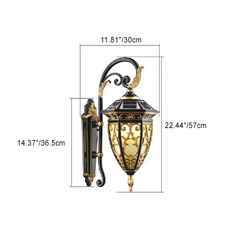 Traditional European Solar Waterproof Aluminum Glass Lantern Flower Mansion Pattern 1-Light LED Wall Sconce Lamp For Outdoor Patio