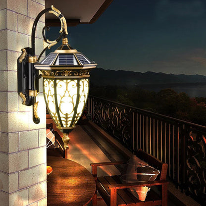 Traditional European Solar Waterproof Aluminum Glass Lantern Flower Mansion Pattern 1-Light LED Wall Sconce Lamp For Outdoor Patio