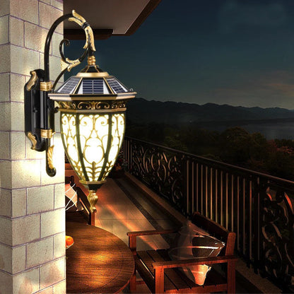 Traditional European Solar Waterproof Aluminum Glass Lantern Flower Mansion Pattern 1-Light LED Wall Sconce Lamp For Outdoor Patio