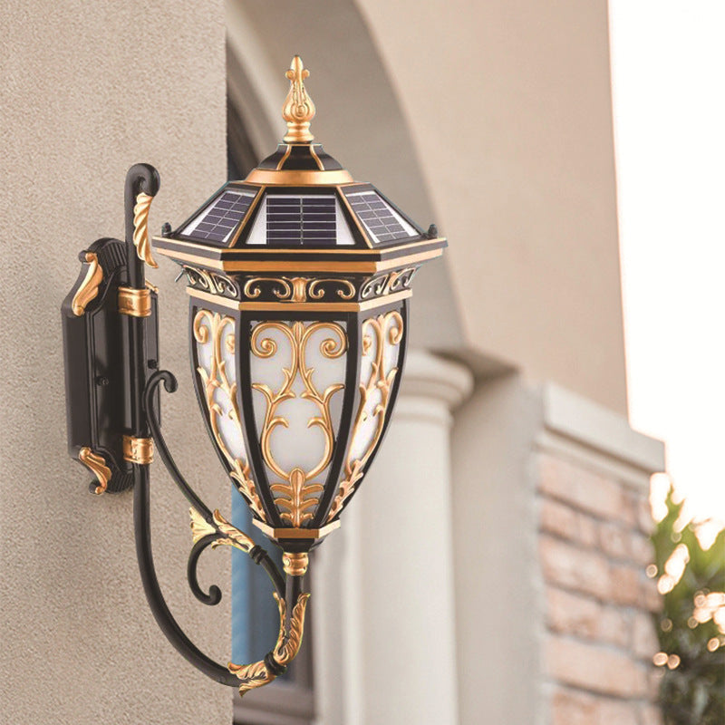 Traditional European Solar Waterproof Aluminum Glass Lantern Flower Mansion Pattern 1-Light LED Wall Sconce Lamp For Outdoor Patio