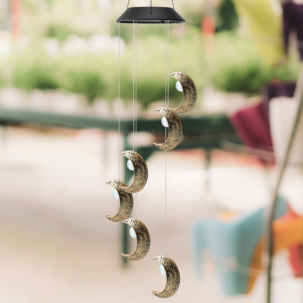 Contemporary Boho Solar Waterproof ABS Metal Moon Sun Star Decoration Wind Chime Hanging LED Outdoor Light Landscape Lighting For Outdoor Patio