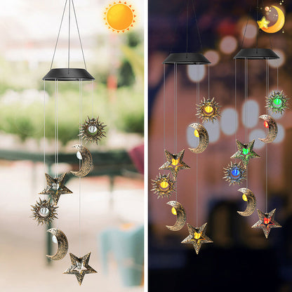 Contemporary Boho Solar Waterproof ABS Metal Moon Sun Star Decoration Wind Chime Hanging LED Outdoor Light Landscape Lighting For Outdoor Patio