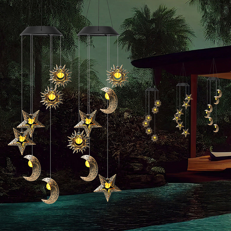 Contemporary Boho Solar Waterproof ABS Metal Moon Sun Star Decoration Wind Chime Hanging LED Outdoor Light Landscape Lighting For Outdoor Patio