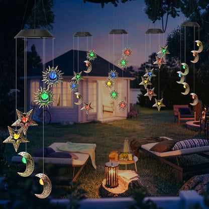 Contemporary Boho Solar Waterproof ABS Metal Moon Sun Star Decoration Wind Chime Hanging LED Outdoor Light Landscape Lighting For Outdoor Patio