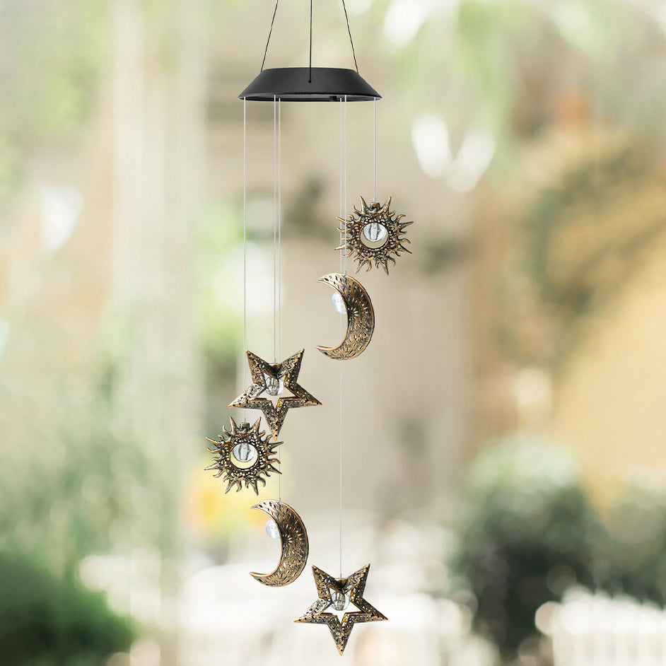 Contemporary Boho Solar Waterproof ABS Metal Moon Sun Star Decoration Wind Chime Hanging LED Outdoor Light Landscape Lighting For Outdoor Patio