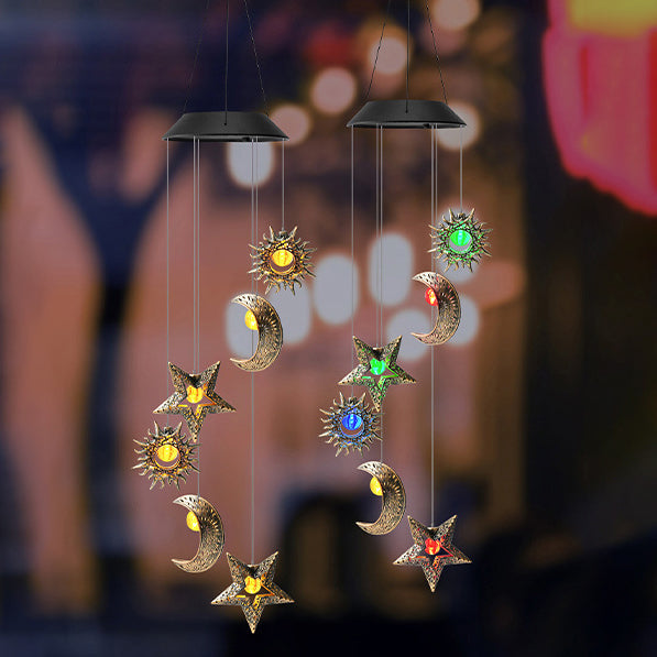 Contemporary Boho Solar Waterproof ABS Metal Moon Sun Star Decoration Wind Chime Hanging LED Outdoor Light Landscape Lighting For Outdoor Patio