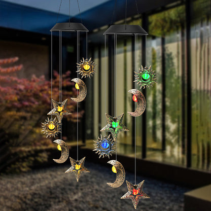 Contemporary Boho Solar Waterproof ABS Metal Moon Sun Star Decoration Wind Chime Hanging LED Outdoor Light Landscape Lighting For Outdoor Patio