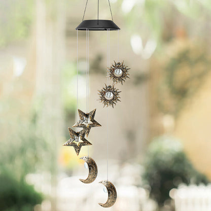 Contemporary Boho Solar Waterproof ABS Metal Moon Sun Star Decoration Wind Chime Hanging LED Outdoor Light Landscape Lighting For Outdoor Patio