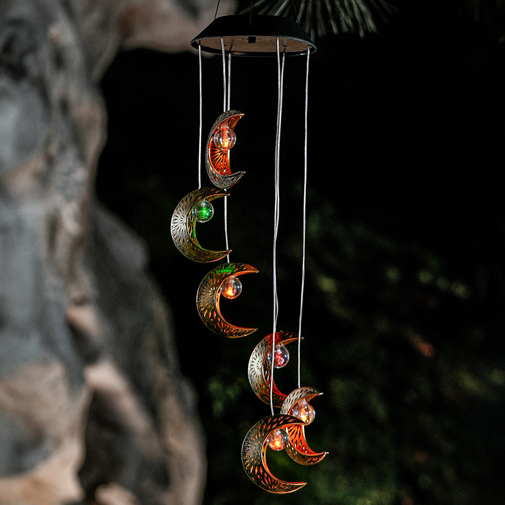 Contemporary Boho Solar Waterproof ABS Metal Moon Sun Star Decoration Wind Chime Hanging LED Outdoor Light Landscape Lighting For Outdoor Patio