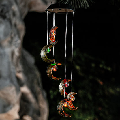 Contemporary Boho Solar Waterproof ABS Metal Moon Sun Star Decoration Wind Chime Hanging LED Outdoor Light Landscape Lighting For Outdoor Patio