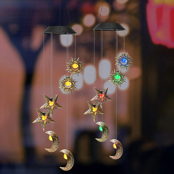 Contemporary Boho Solar Waterproof ABS Metal Moon Sun Star Decoration Wind Chime Hanging LED Outdoor Light Landscape Lighting For Outdoor Patio