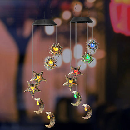 Contemporary Boho Solar Waterproof ABS Metal Moon Sun Star Decoration Wind Chime Hanging LED Outdoor Light Landscape Lighting For Outdoor Patio