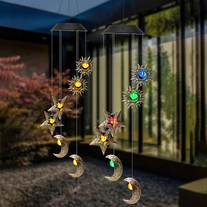 Contemporary Boho Solar Waterproof ABS Metal Moon Sun Star Decoration Wind Chime Hanging LED Outdoor Light Landscape Lighting For Outdoor Patio