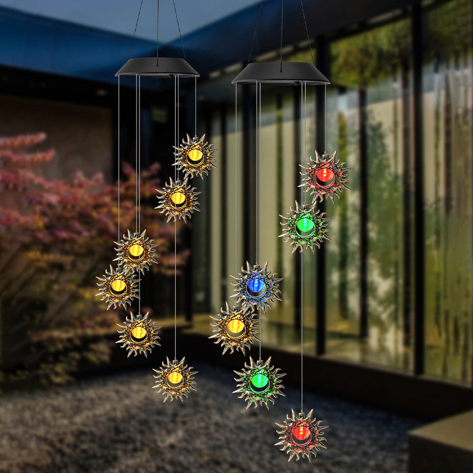 Contemporary Boho Solar Waterproof ABS Metal Moon Sun Star Decoration Wind Chime Hanging LED Outdoor Light Landscape Lighting For Outdoor Patio