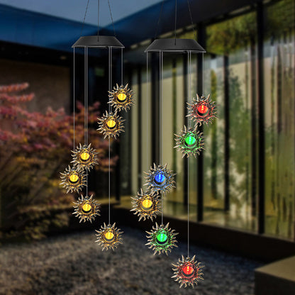 Contemporary Boho Solar Waterproof ABS Metal Moon Sun Star Decoration Wind Chime Hanging LED Outdoor Light Landscape Lighting For Outdoor Patio