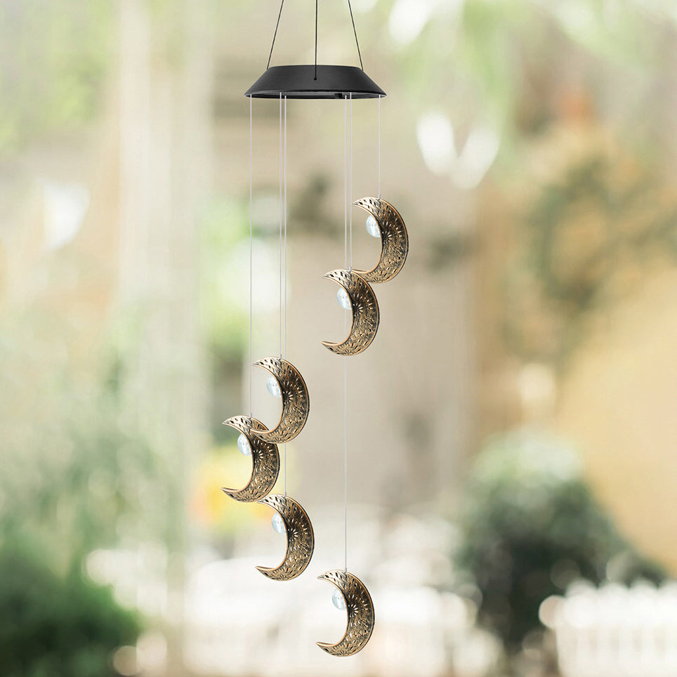 Contemporary Boho Solar Waterproof ABS Metal Moon Sun Star Decoration Wind Chime Hanging LED Outdoor Light Landscape Lighting For Outdoor Patio
