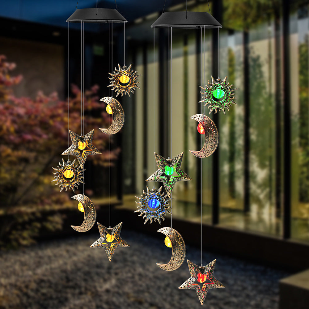 Contemporary Boho Solar Waterproof ABS Metal Moon Sun Star Decoration Wind Chime Hanging LED Outdoor Light Landscape Lighting For Outdoor Patio