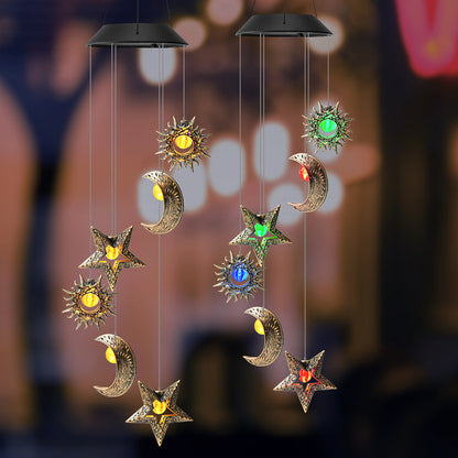 Contemporary Boho Solar Waterproof ABS Metal Moon Sun Star Decoration Wind Chime Hanging LED Outdoor Light Landscape Lighting For Outdoor Patio