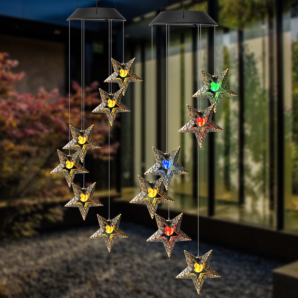 Contemporary Boho Solar Waterproof ABS Metal Moon Sun Star Decoration Wind Chime Hanging LED Outdoor Light Landscape Lighting For Outdoor Patio