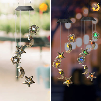 Contemporary Boho Solar Waterproof ABS Metal Moon Sun Star Decoration Wind Chime Hanging LED Outdoor Light Landscape Lighting For Outdoor Patio