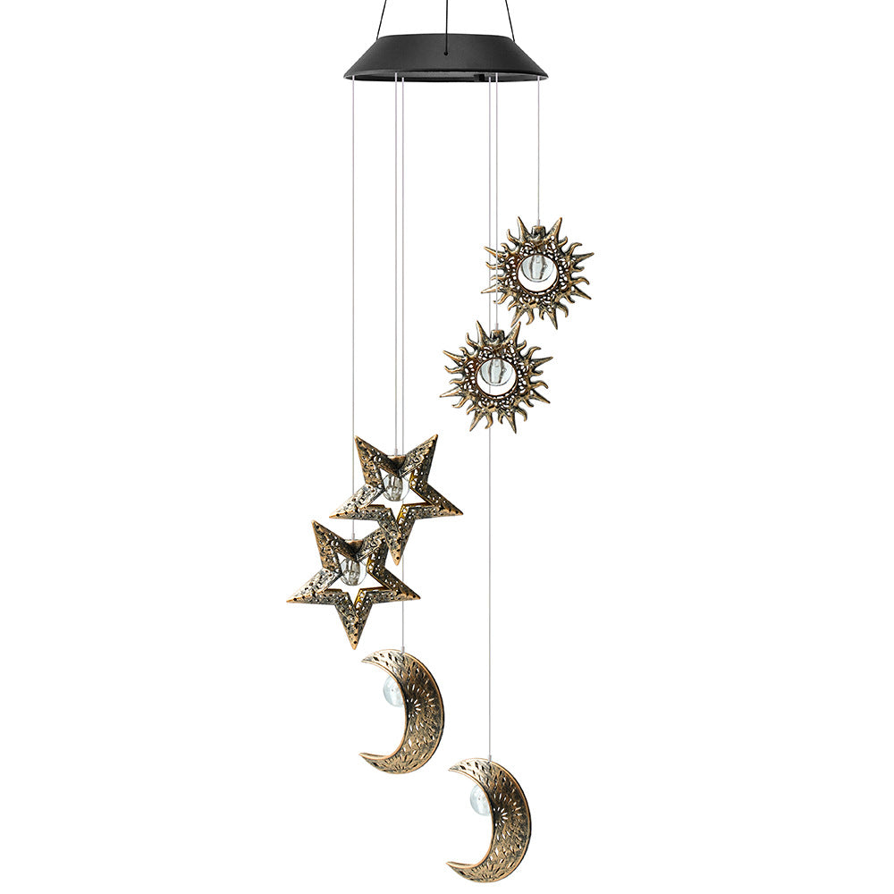Contemporary Boho Solar Waterproof ABS Metal Moon Sun Star Decoration Wind Chime Hanging LED Outdoor Light Landscape Lighting For Outdoor Patio