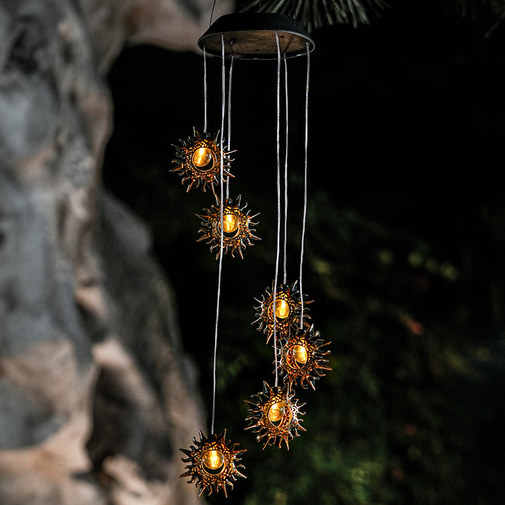 Contemporary Boho Solar Waterproof ABS Metal Moon Sun Star Decoration Wind Chime Hanging LED Outdoor Light Landscape Lighting For Outdoor Patio